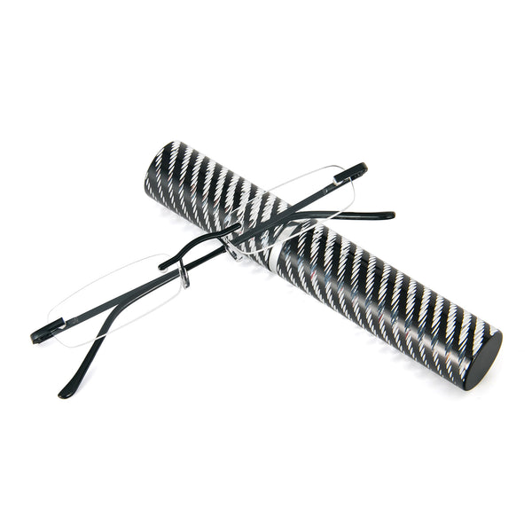 Mini Metal Frameless  Reading Glasses Compact Readers with Pen Clip Case